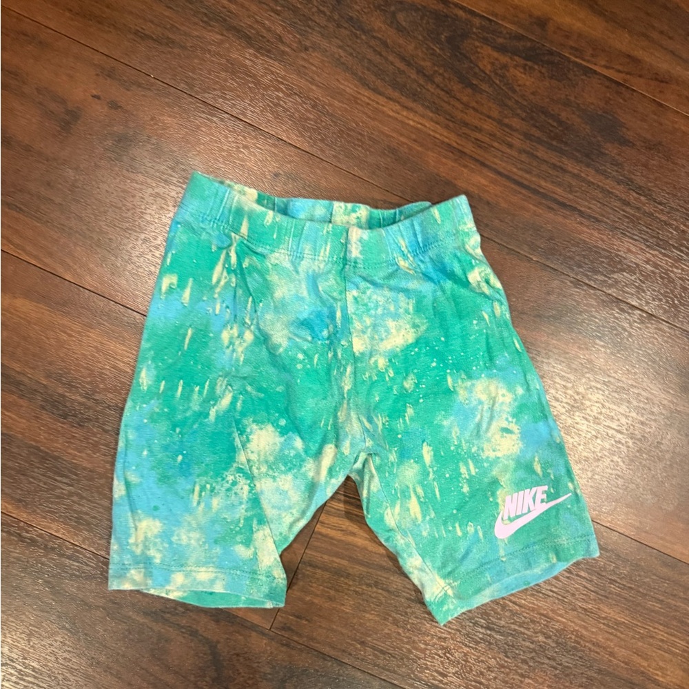 Nike Kids Teal Tie-Dye Bike Shorts with Pink Logo